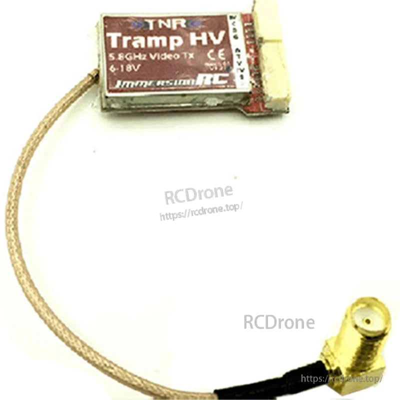 Right-angle SMA female bulkhead to U.FL/IPX coax pigtail cable connected to a 5.8GHz VTX module