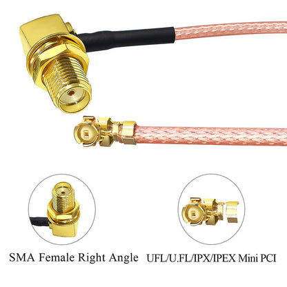 SMA female right-angle bulkhead to U.FL/IPX (IPEX) RG178 pigtail cable with gold connectors, 10cm