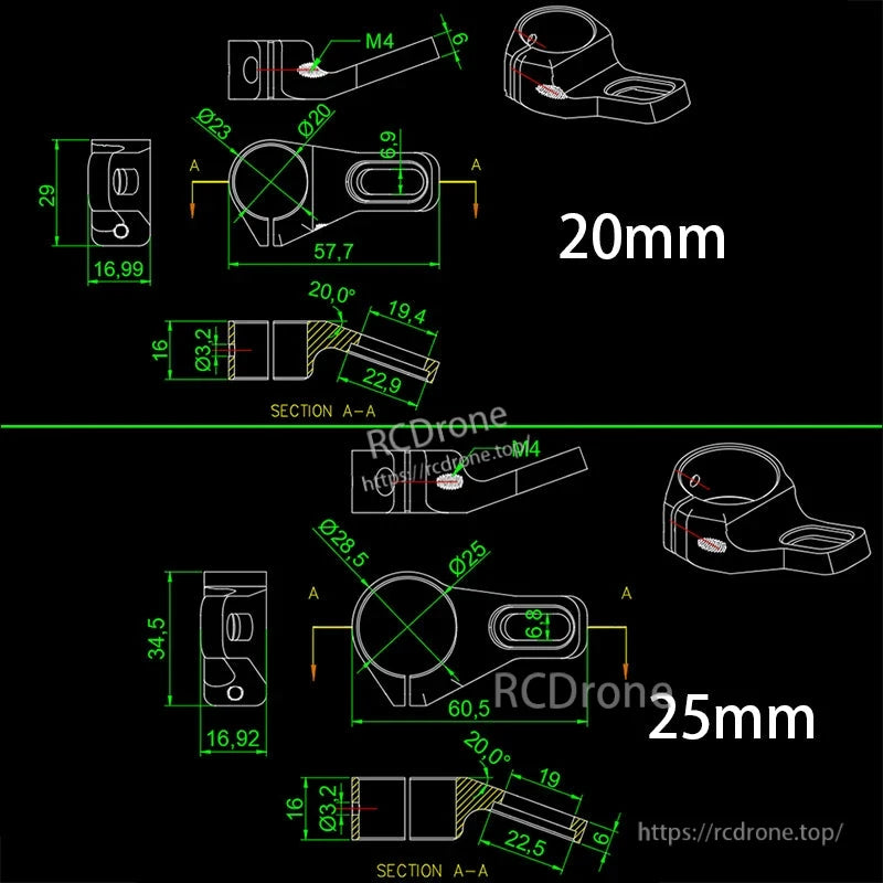 Dimensioned drawing of RJXHOBBY UAV clamp mount with M4 screw and 20mm/25mm tube sizes for tripod extension