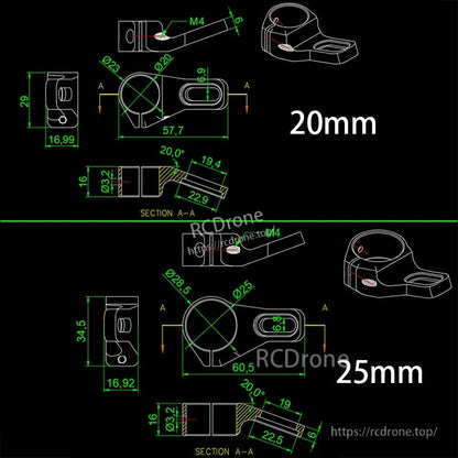 Dimensioned drawing of RJXHOBBY UAV clamp mount with M4 screw and 20mm/25mm tube sizes for tripod extension
