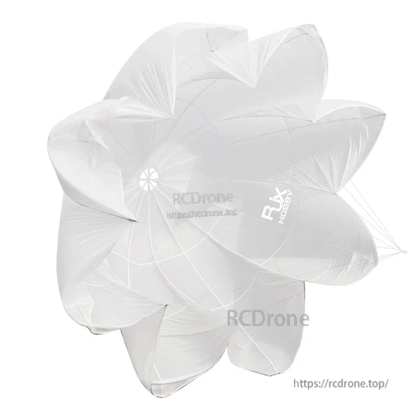 White RJXHOBBY UAV parachute canopy with stitched panels and suspension lines for drone recovery