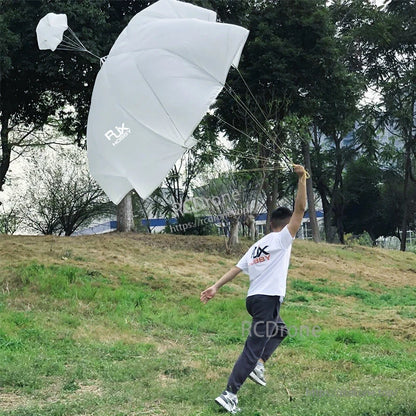 RJXHOBBY UAV Parachute, RJXHOBBY white UAV parachute canopy with suspension lines, held open outdoors for deployment test