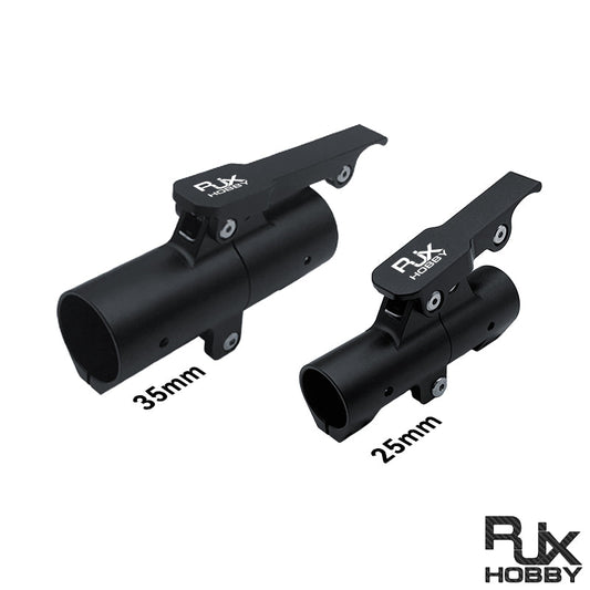 RJXHOBBY quick-remove folding arm mount in black, shown in 25mm and 35mm tube sizes