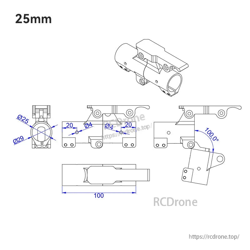 25mm quick-remove folding arm mount drawing with Ø25/Ø29 clamp, 100mm length, Ø4 holes and 100° fold angle