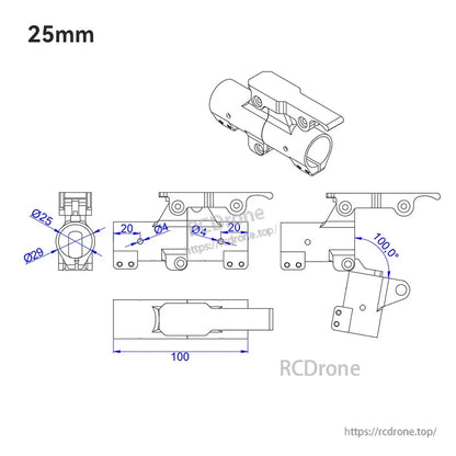 25mm quick-remove folding arm mount drawing with Ø25/Ø29 clamp, 100mm length, Ø4 holes and 100° fold angle