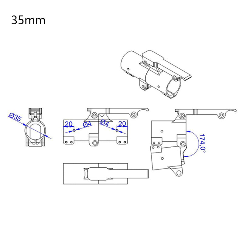 Technical drawing of 35mm quick-remove folding arm mount with Ø35 clamp, Ø4 holes, 20mm spacing and 174° fold angle.