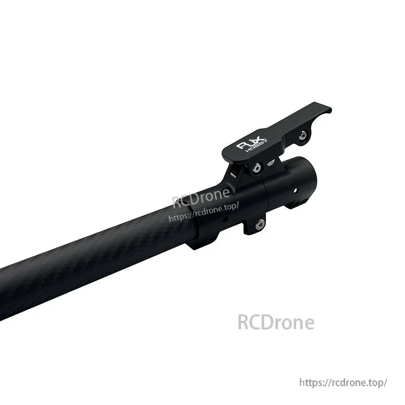 RJXHOBBY black quick-release folding arm clamp with latch and screws mounted on a carbon fiber UAV tube