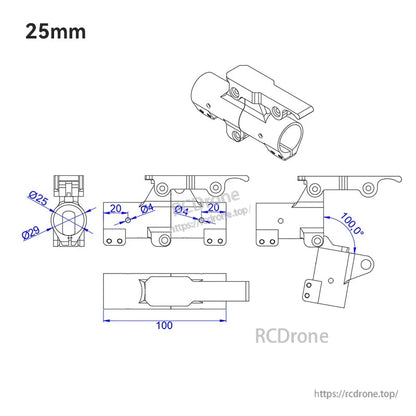 25mm quick-remove folding arm clamp drawing with Ø25/Ø29 tube sizes, 100mm length, Ø4 holes and 100° fold angle