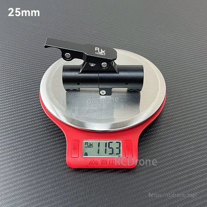 RJXHOBBY V1 quick-remove folding arm mount for 25mm UAV tube, black hinge assembly on a digital scale