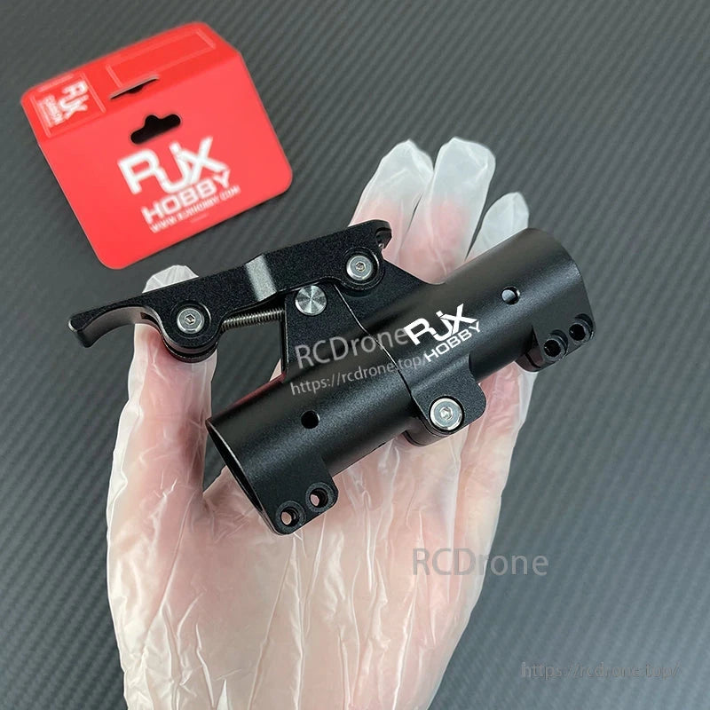 RJXHOBBY quick-release folding arm clamp in black aluminum with locking lever and mounting holes