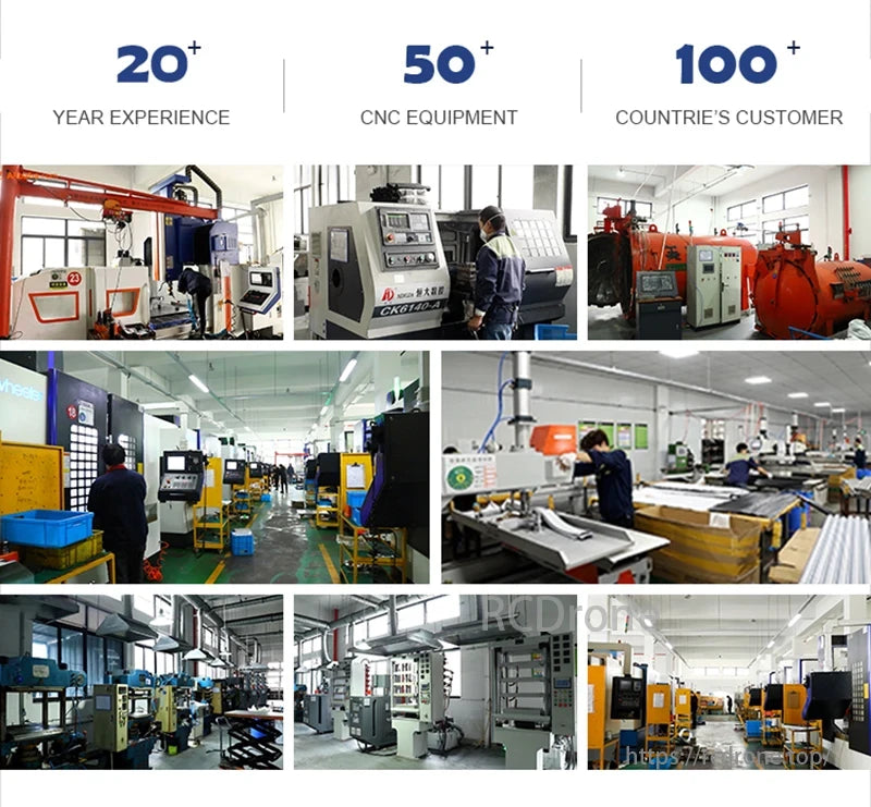 RJXHOBBY X Model 3k FPV Frame, A company with over 20 years of experience, featuring 50+ CNC machines, serves more than 100 countries, highlighting advanced manufacturing equipment and skilled workers.