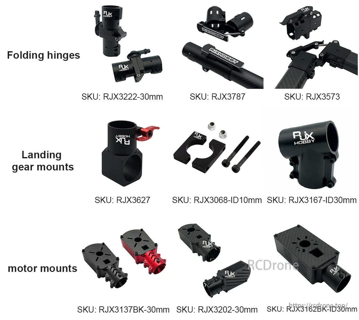 The RJXHOBBY X Model 3k FPV Frame components, like folding hinges, landing gear, and motor mounts, are SKU-identified for easy FPV drone assembly.