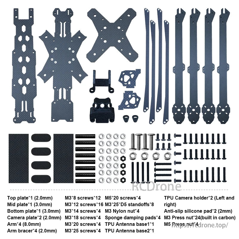 RJXHOBBY X Model 3k FPV Frame components are organized by material thickness and screw sizes, including plates, arms, braces, camera plates, holders, pads, and antenna bases.
