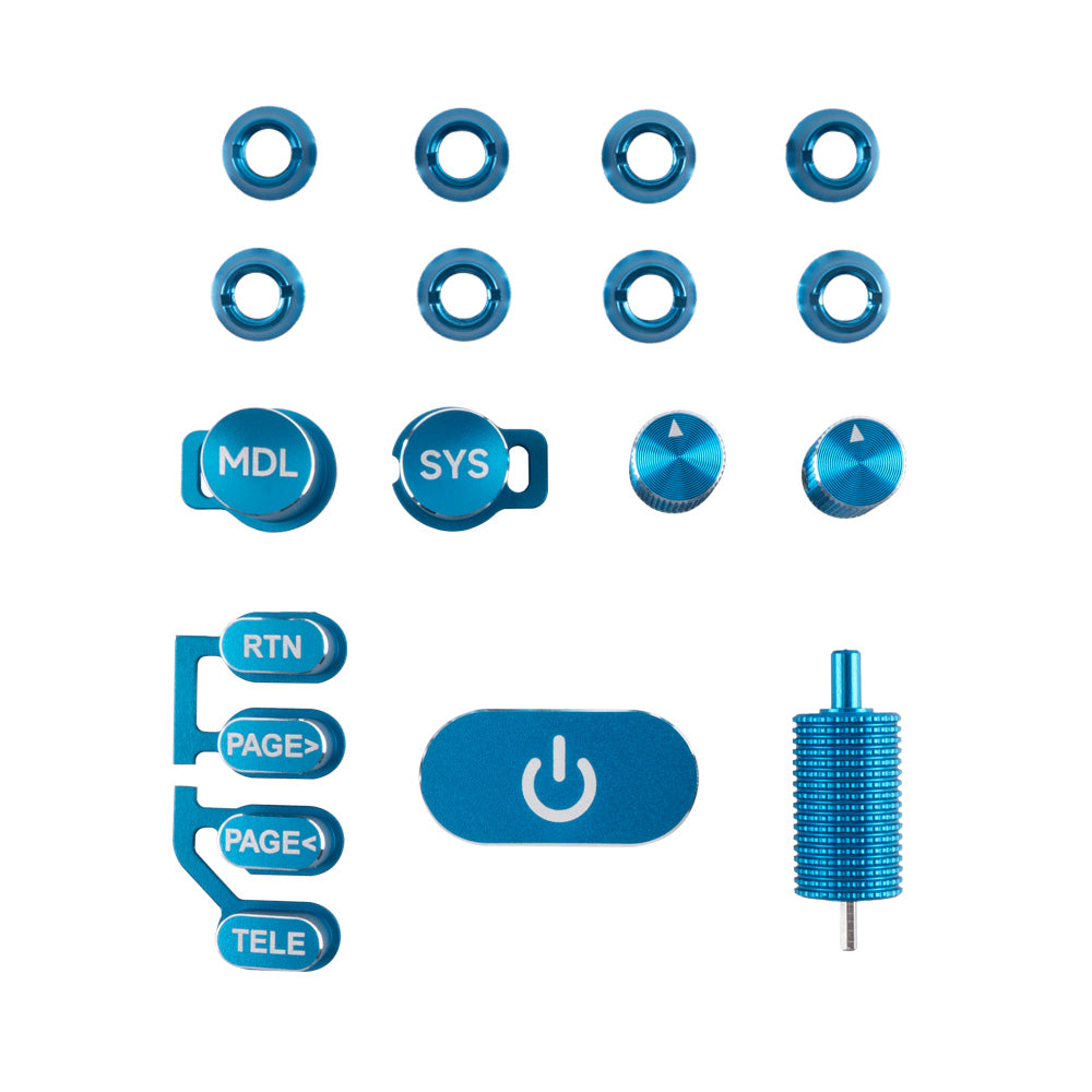 Blue anodized aluminium control switch set for TX16S MK3, with button caps, trim rings and knurled wheel