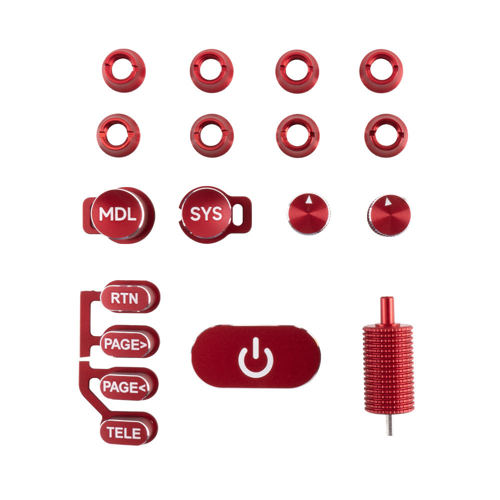 TX16S MK3 CNC anodized aluminium switch set in red, includes MDL SYS caps, RTN/PAGE/TELE trim and power plate