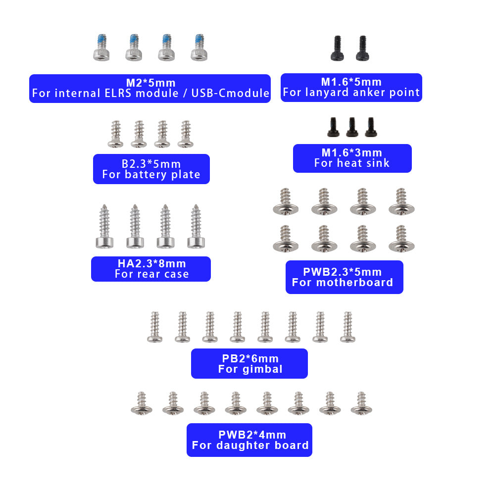 AX12 screw set hardware kit layout with labeled screw sizes for controller modules and boards