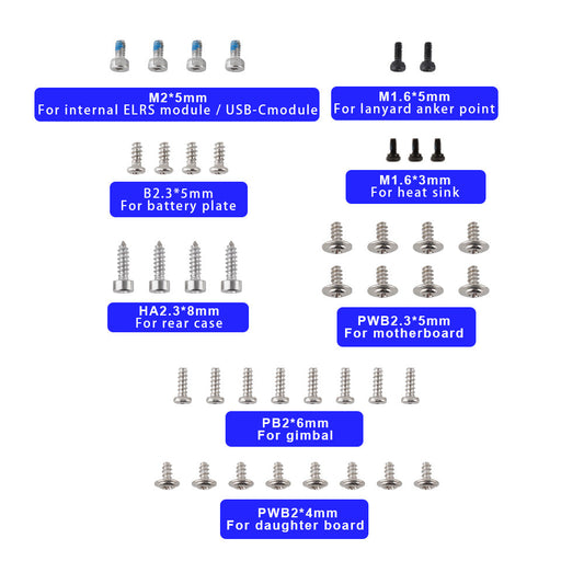 AX12 screw set hardware kit layout with labeled screw sizes for controller modules and boards