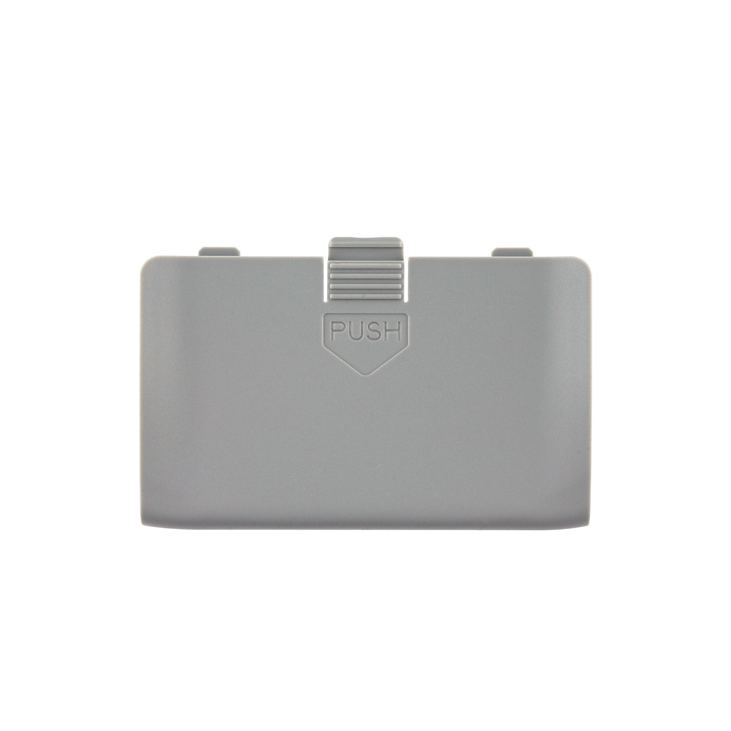 Gray replacement battery cover with centered push-release latch, front view