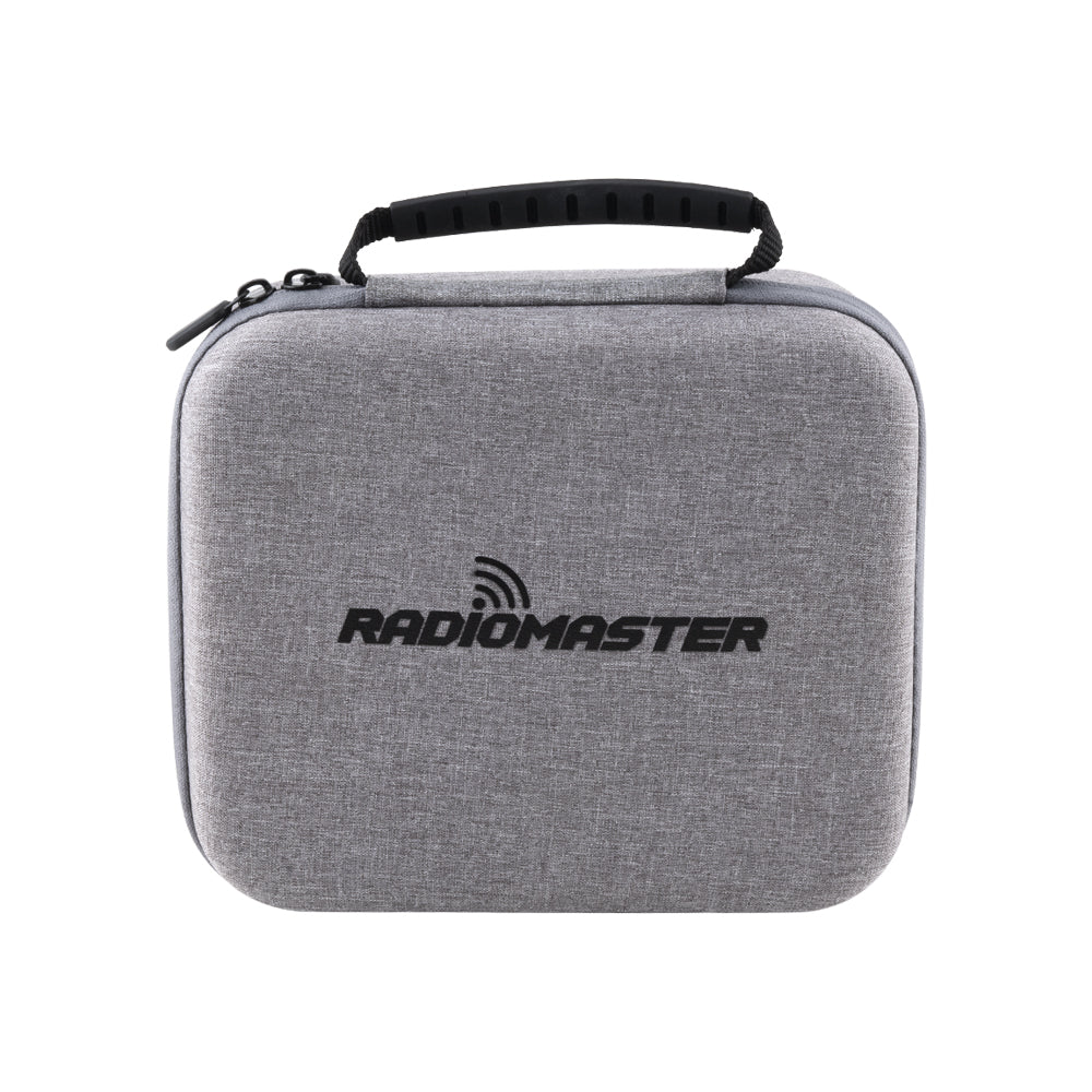 RadioMaster TX15 carry case, gray hard-shell zip case with handle and RadioMaster logo