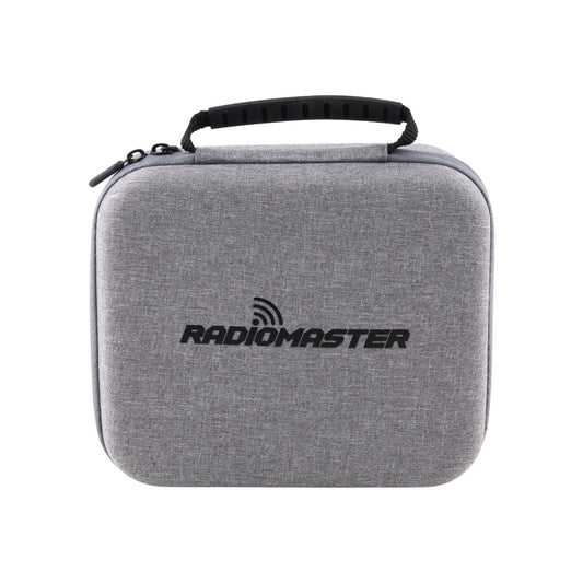 RadioMaster TX15 carry case, gray hard-shell zip case with handle and RadioMaster logo