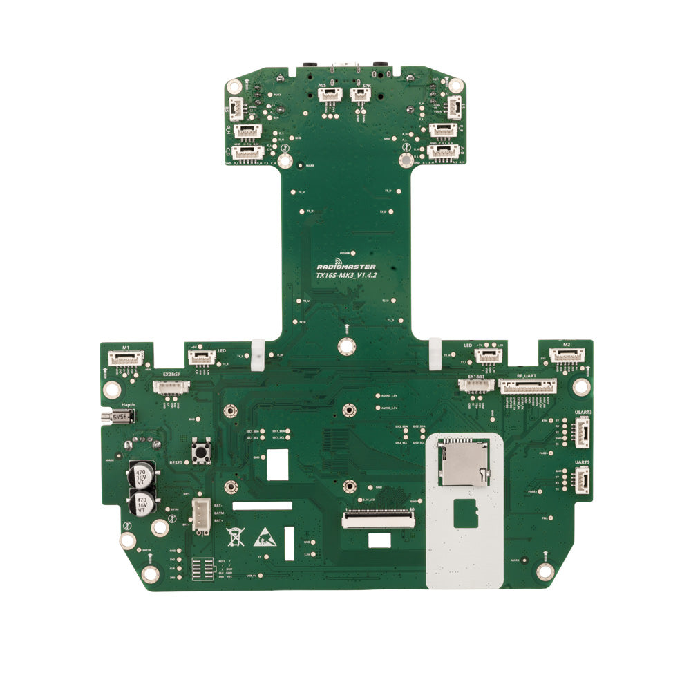 TX16S MK3 transmitter motherboard PCA, reverse side showing headers and SD card slot shield