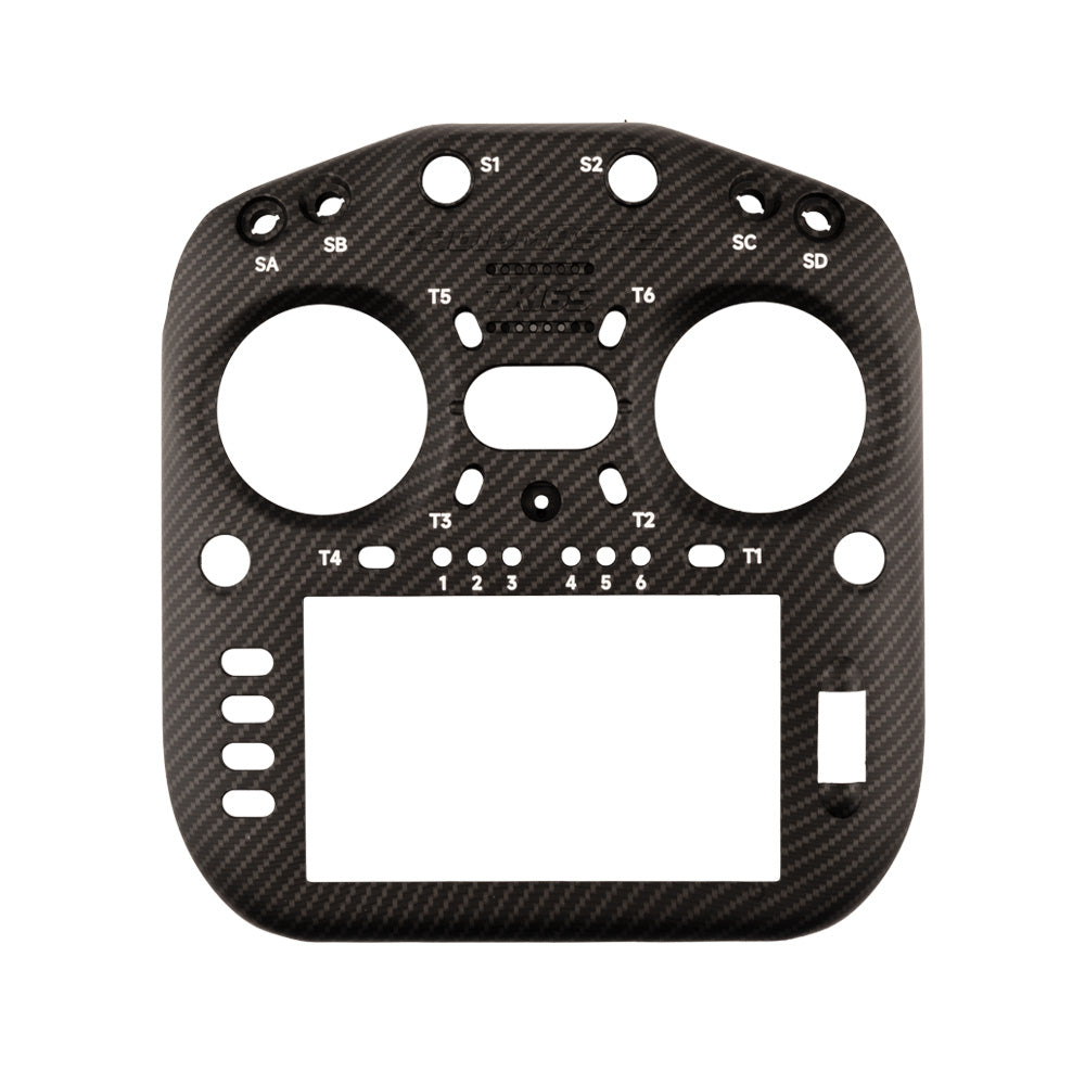 Radiomaster TX16S MK3 front case shell, carbon-fiber look with gimbal cutouts and switch holes