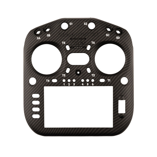 Radiomaster TX16S MK3 front case shell, carbon-fiber look with gimbal cutouts and switch holes