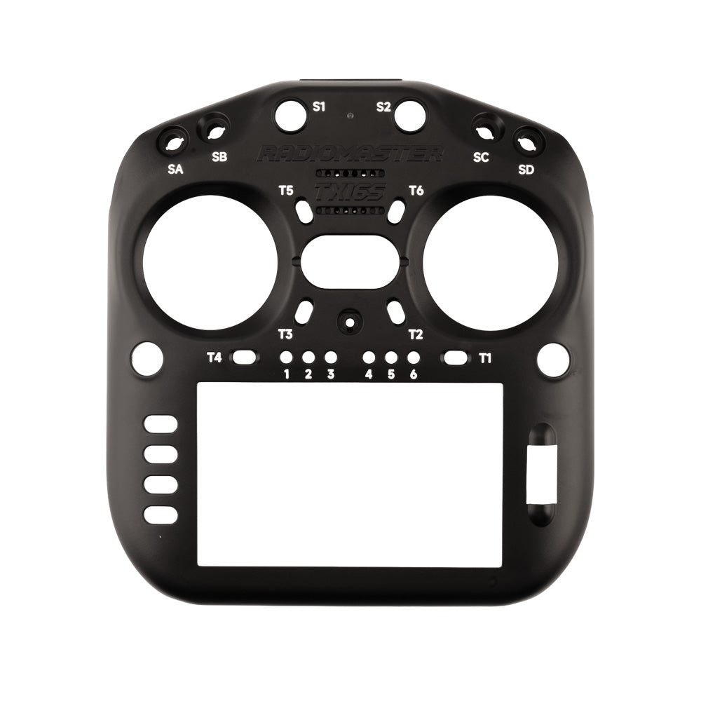 Radiomaster TX16S MK3 front case shell in black, faceplate with gimbal openings, screen window and button cutouts