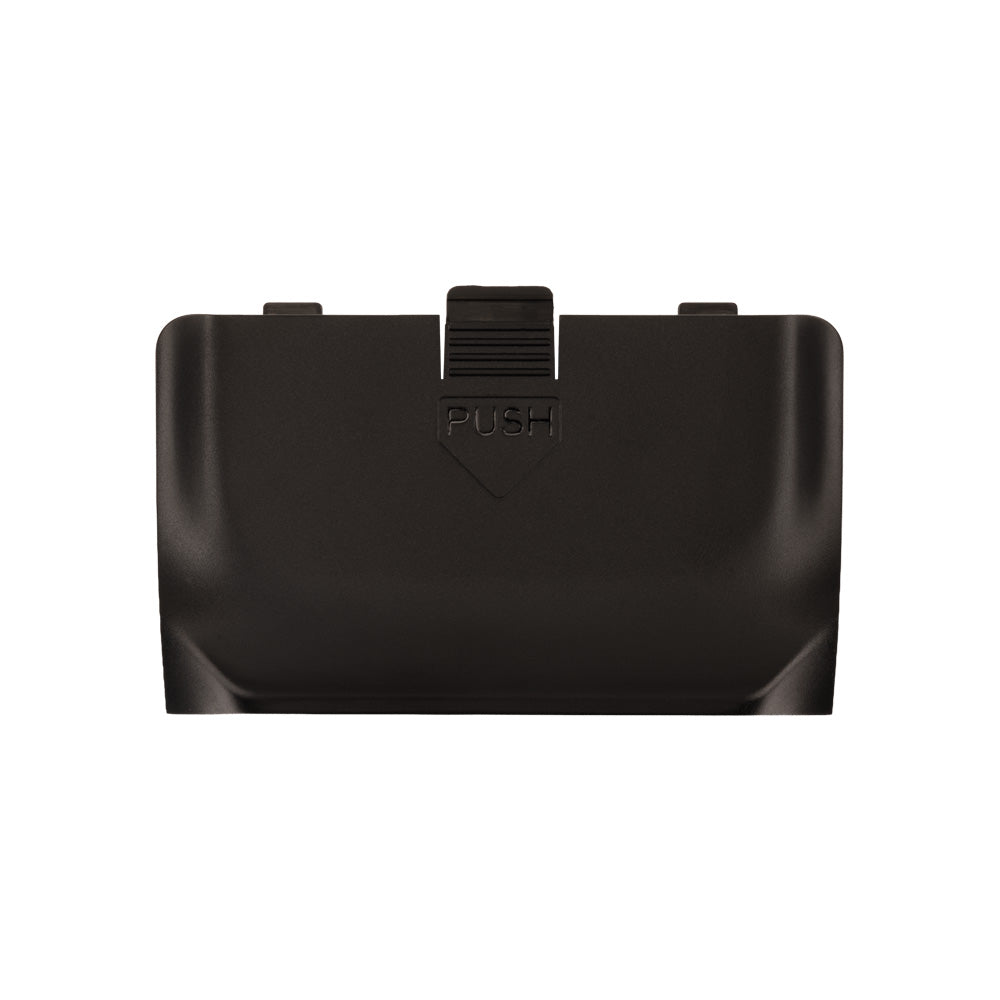 TX16S MK3 battery cover latch close-up with PUSH release tab and textured grip