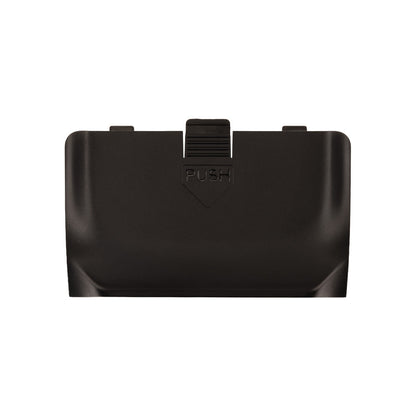 TX16S MK3 battery cover latch close-up with PUSH release tab and textured grip