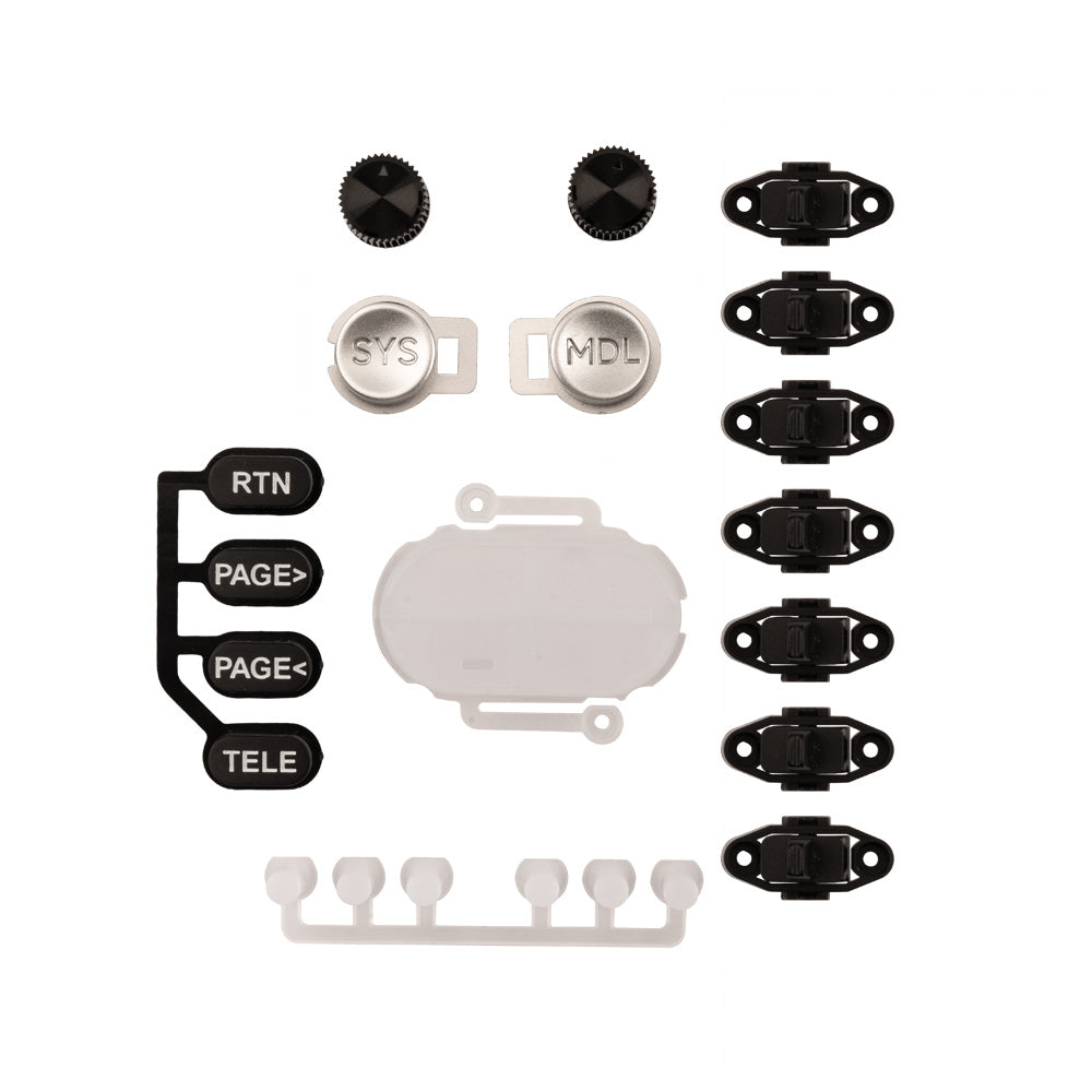 TX16S MK3 button set laid out, includes SYS/MDL caps, RTN/PAGE/TELE keys, dials and switches