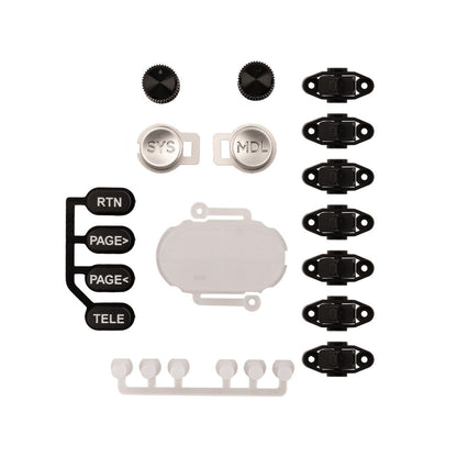TX16S MK3 button set laid out, includes SYS/MDL caps, RTN/PAGE/TELE keys, dials and switches