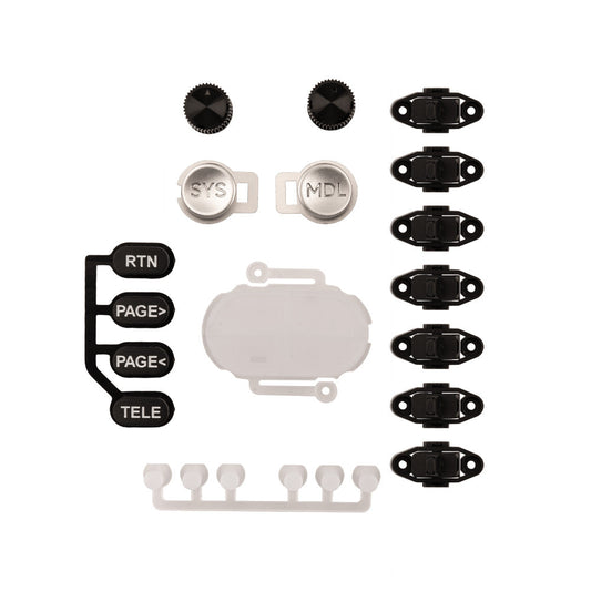 TX16S MK3 button set laid out, includes SYS/MDL caps, RTN/PAGE/TELE keys, dials and switches