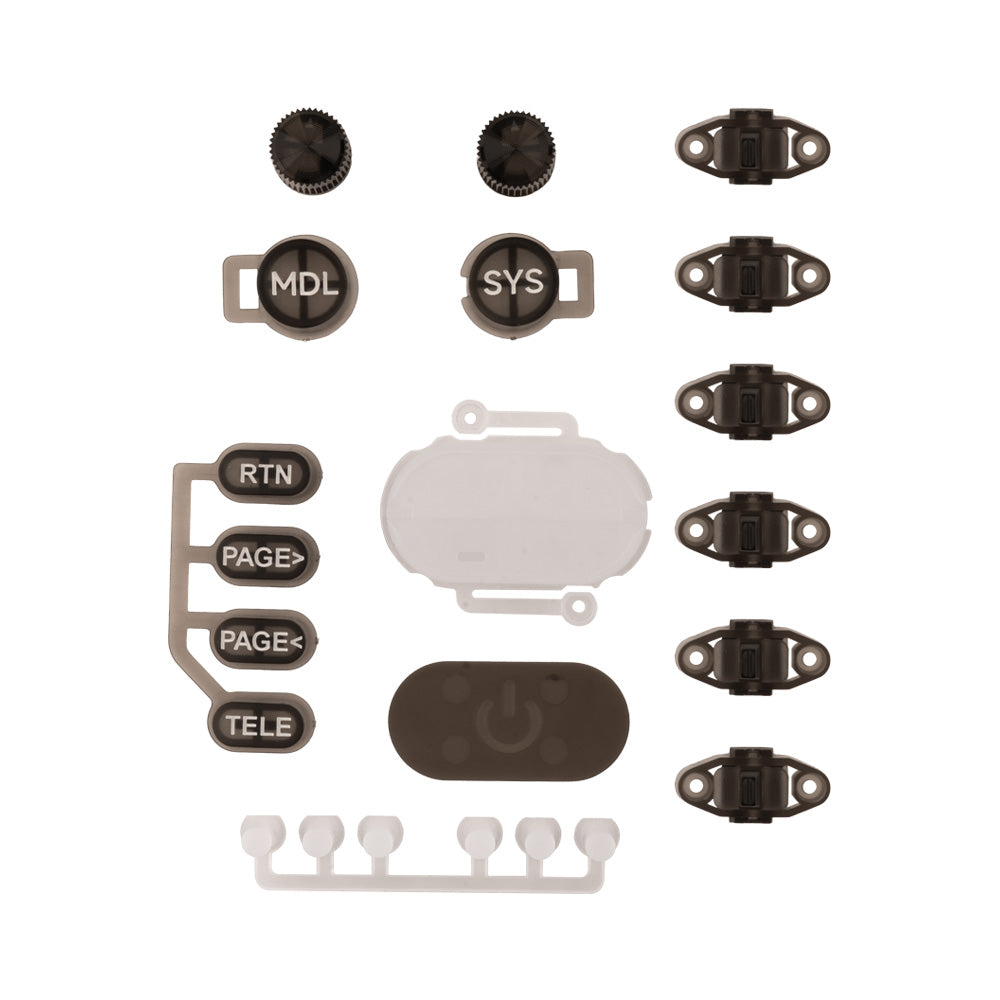 Transparent black TX16S MK3 radio button kit with labeled key strip, power button cover and toggle caps
