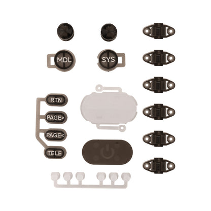 Transparent black TX16S MK3 radio button kit with labeled key strip, power button cover and toggle caps