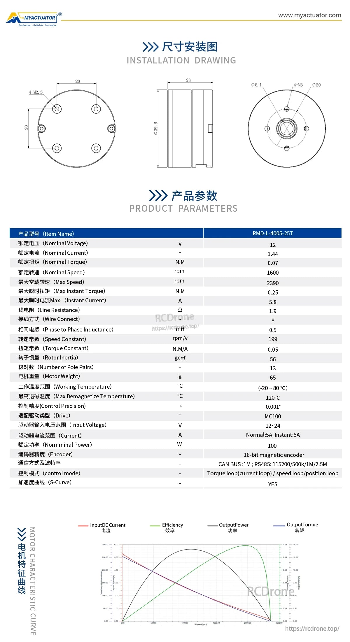 RMD-L-4005 Brushless DC Servo Motor, The RMD-L-4005-25T is a 12V brushless DC servo motor with 1.44A, 0.07N.M torque, 1600rpm speed, 18-bit encoder, CAN BUS/RS485 communication, and supports torque, speed, and position control.
