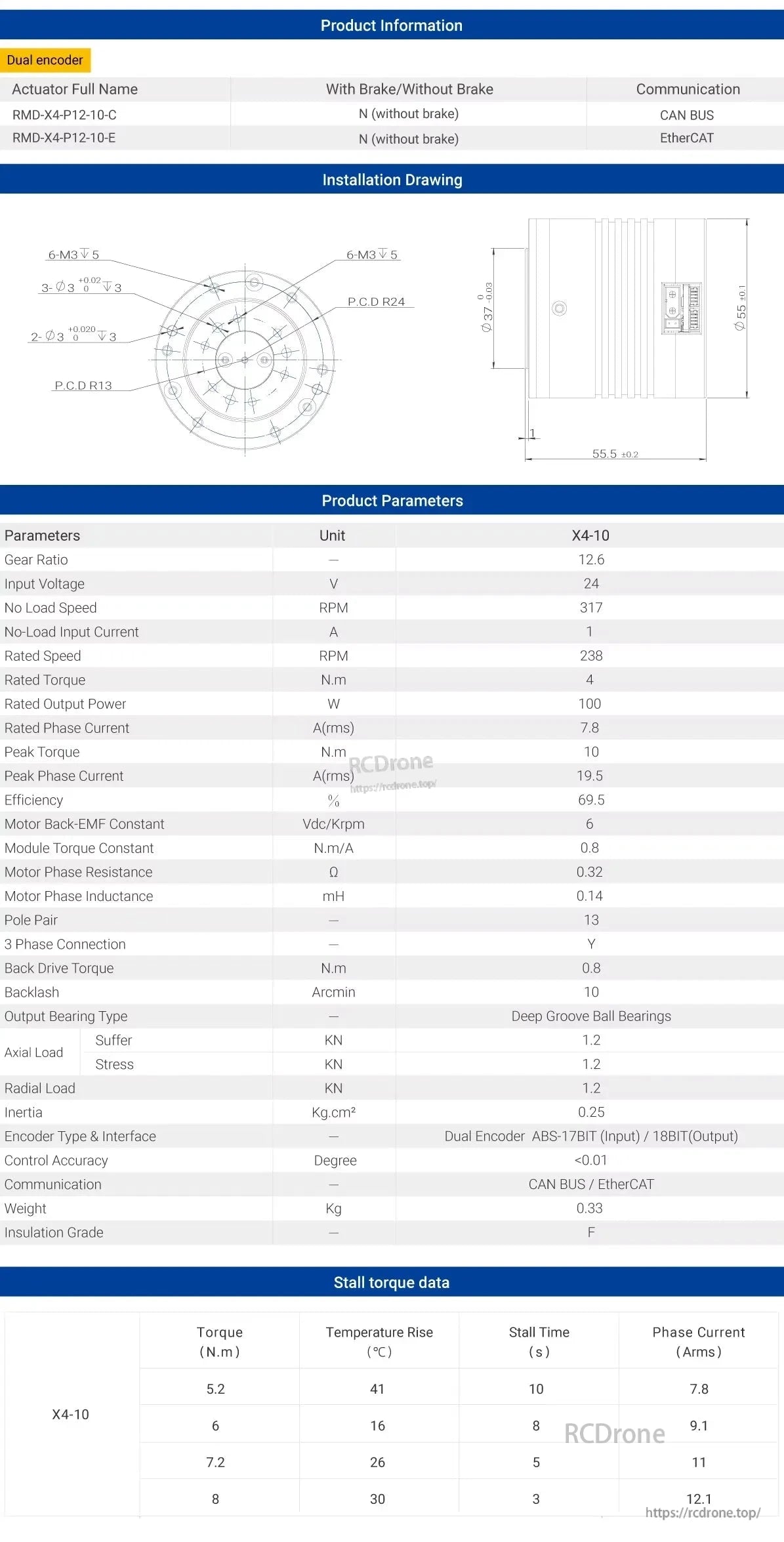 The RMD-X4-10 robot joint drive features dual encoders, 12.6 gear ratio, 24V input, 100W output, CAN BUS/EtherCAT, 4N.m torque, 238 RPM speed, 0.33kg weight, and efficient deep groove ball bearings.