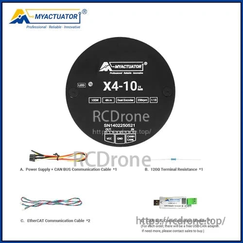 MYACTUATOR's RMD-X4-10 robot joint drive delivers 100W power, 46Nm torque, dual encoder, 238rpm speed, and includes various cables, a resistor, and a free USB-CAN adapter.