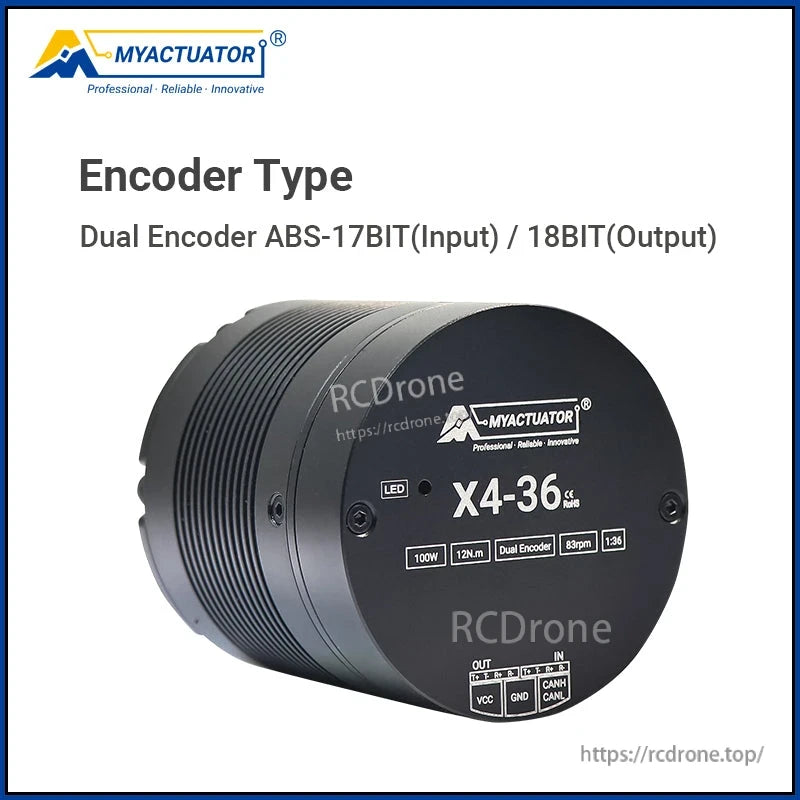 RMD-X4-36 Motor, The X4-36 motor features 100W power, 12N.m torque, dual encoders, 17/18-bit resolution, 63rpm speed, 1:36 gear ratio, CAN bus interface, and LED indicator.