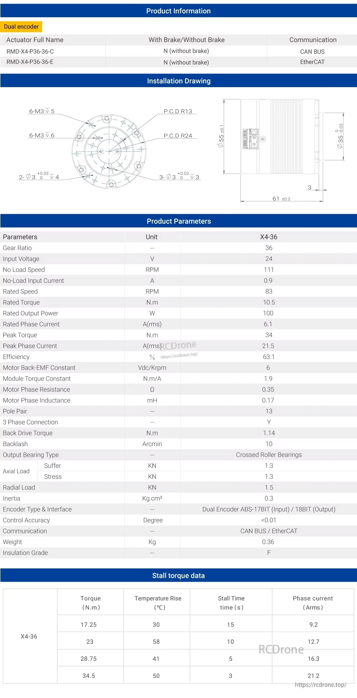 RMD-X4-36 Motor, The RMD-X4-P36-36 motor features dual encoders, a 36:1 gear ratio, 24V input, 100W output, CAN BUS/EtherCAT, 10.5 N.m torque, 83 RPM speed, and 0.36 kg weight.