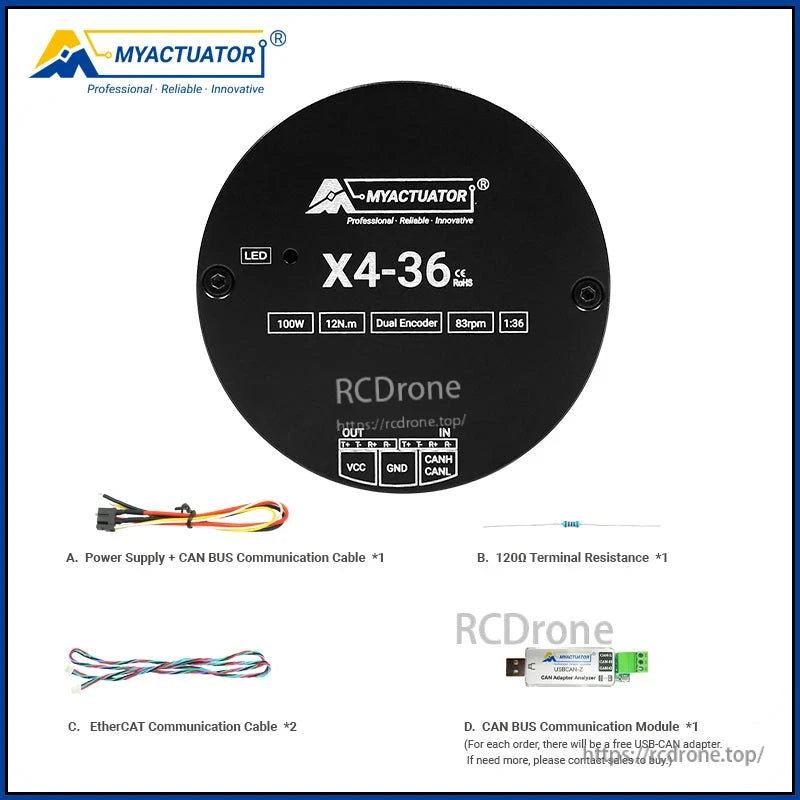 RMD-X4-36 Motor, The MYACTUATOR X4-36 motor features 100W power, 12N.m torque, dual encoder, 83rpm speed, and 1:36 gear ratio, with included power supply, cables, and adapters.