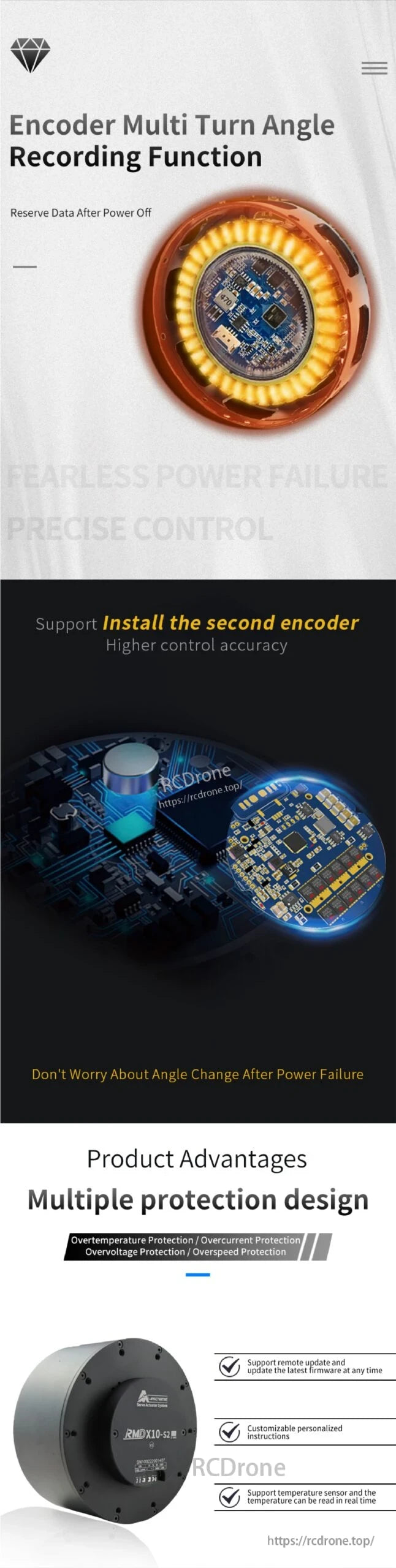 The RMD-X8-60 Brushless DC Servo offers multi-turn encoding, dual encoder support, protection features, remote updates, custom instructions, and real-time temperature monitoring.