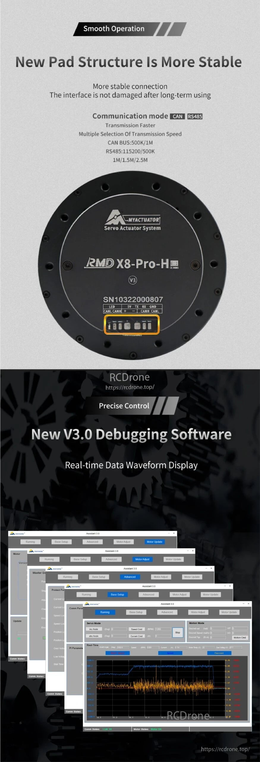 RMD-X8-60 Brushless DC Servo, The RMD X8-Pro-H V3 servo actuator provides stable structure, CAN/RS485 communication, multiple speeds, and precise control via V3.0 software with real-time data display.
