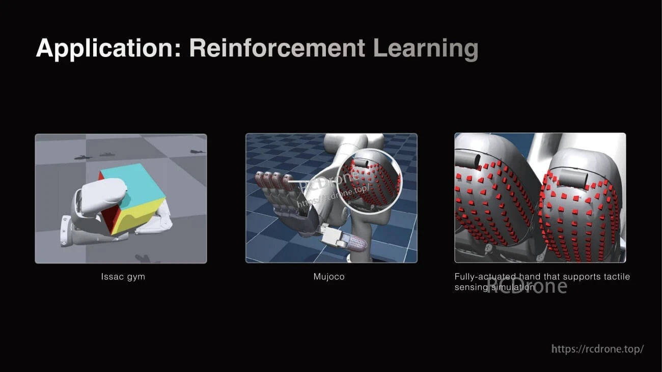 ROBOTERA XHAND 1 Robot Hand, Reinforcement learning uses Isaac Gym, MuJoCo, and tactile-sensing hand simulations for advanced robotic control and training.
