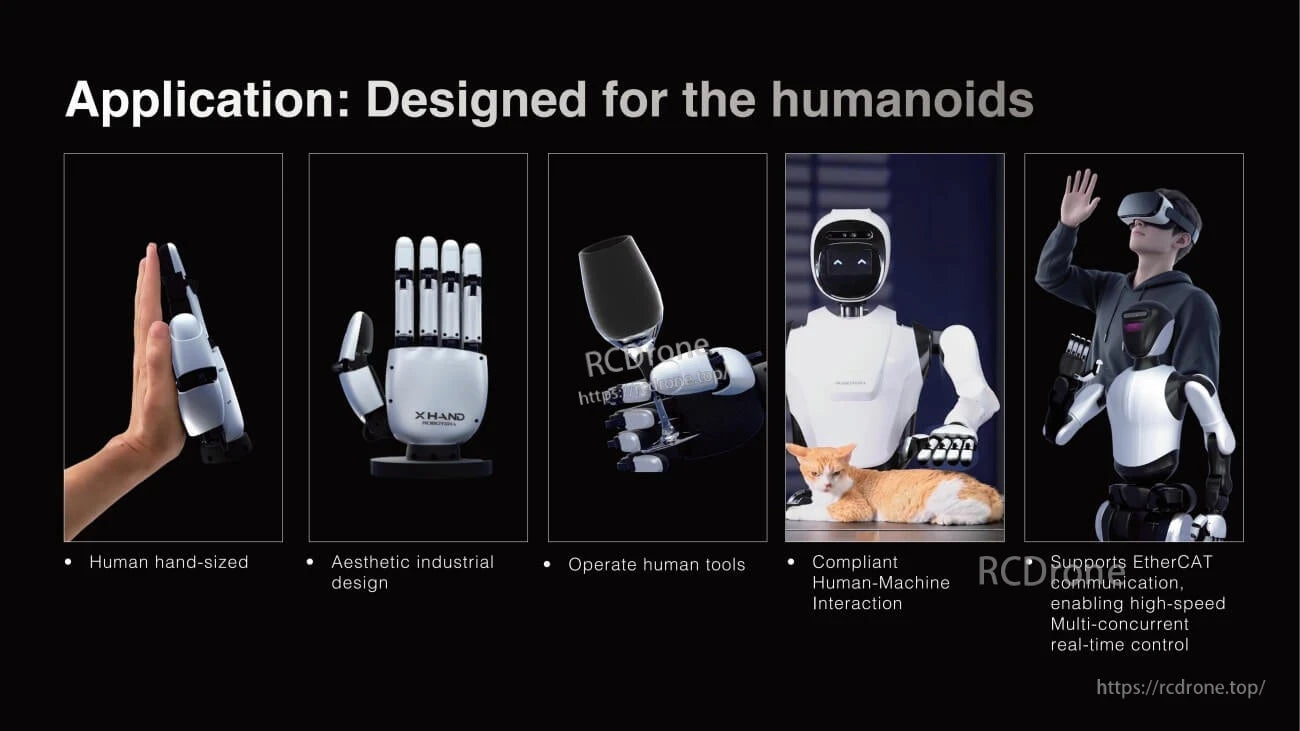 ROBOTERA XHAND 1 Robot Hand, Human-sized, aesthetically designed robot hand operates tools, enables compliant interaction, and supports real-time EtherCAT control.