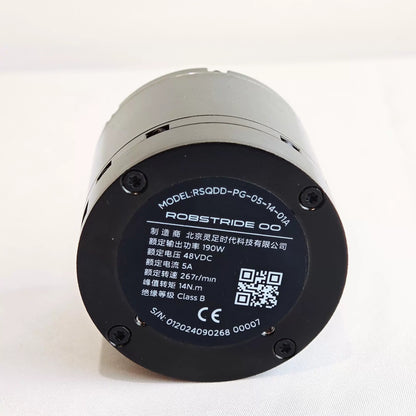 The RobStride 00 QDD 14N·m actuator module, model RSQDD-PG-05-14-01A by Beijing Lingzhuo Technology, features 190W power, 48VDC voltage, 5A current, 267r/min speed, 14N·m torque, and class B insulation.