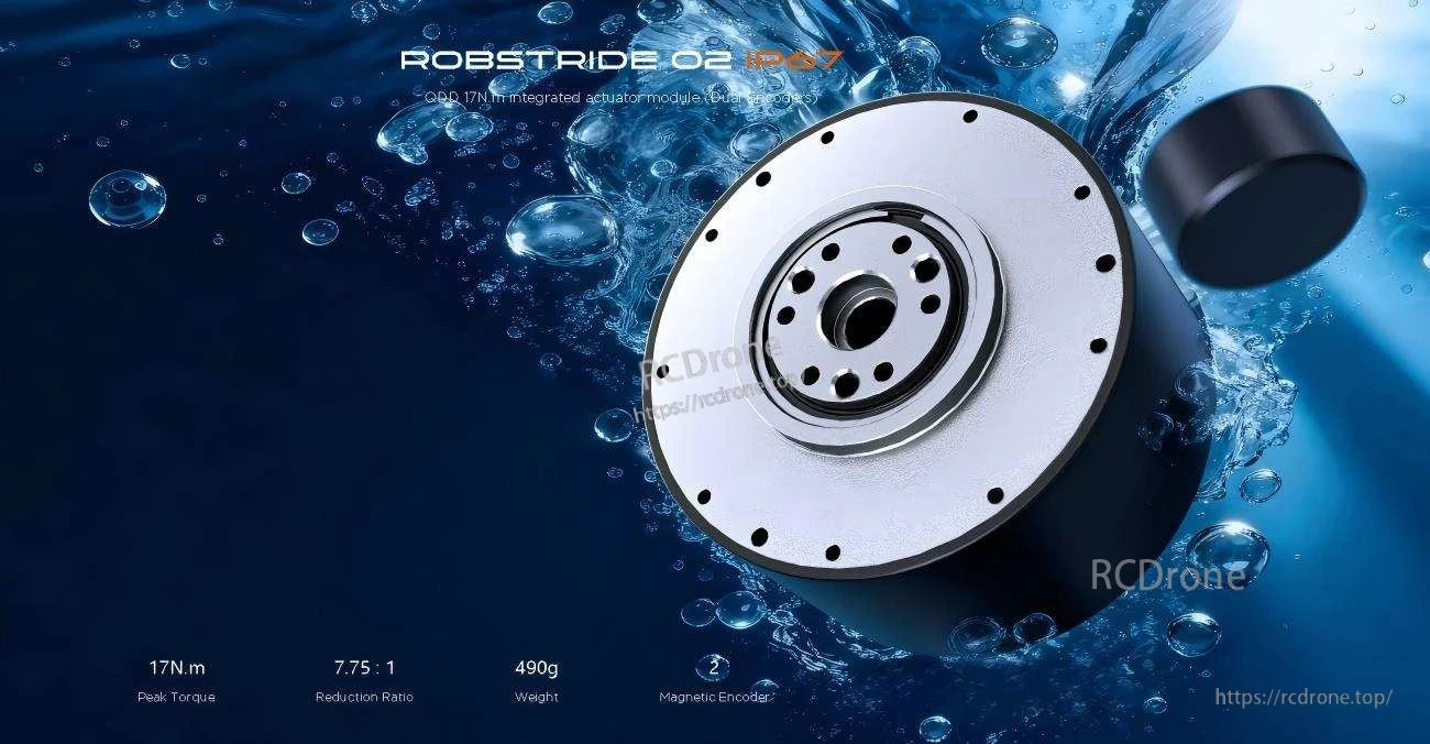 ROBSTRIDE 02 IP67 motor integrated actuator module with flange mount, 7.75:1 reducer and dual encoder highlights