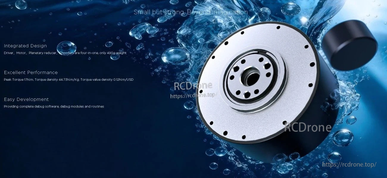 Integrated design callouts for ROBSTRIDE 02 IP67 actuator module, highlighting four-in-one construction and development support