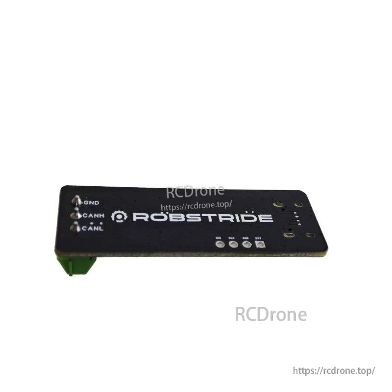 ROBSTRIDE interface board labeled GND, CANH and CANL pins, with ROBSTRIDE logo on PCB