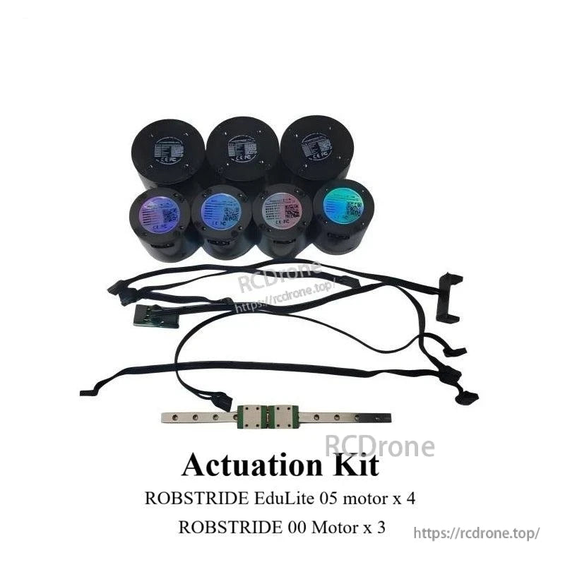 ROBSTRIDE EduLite actuation kit with motors, wiring harnesses, and linear rail components laid out